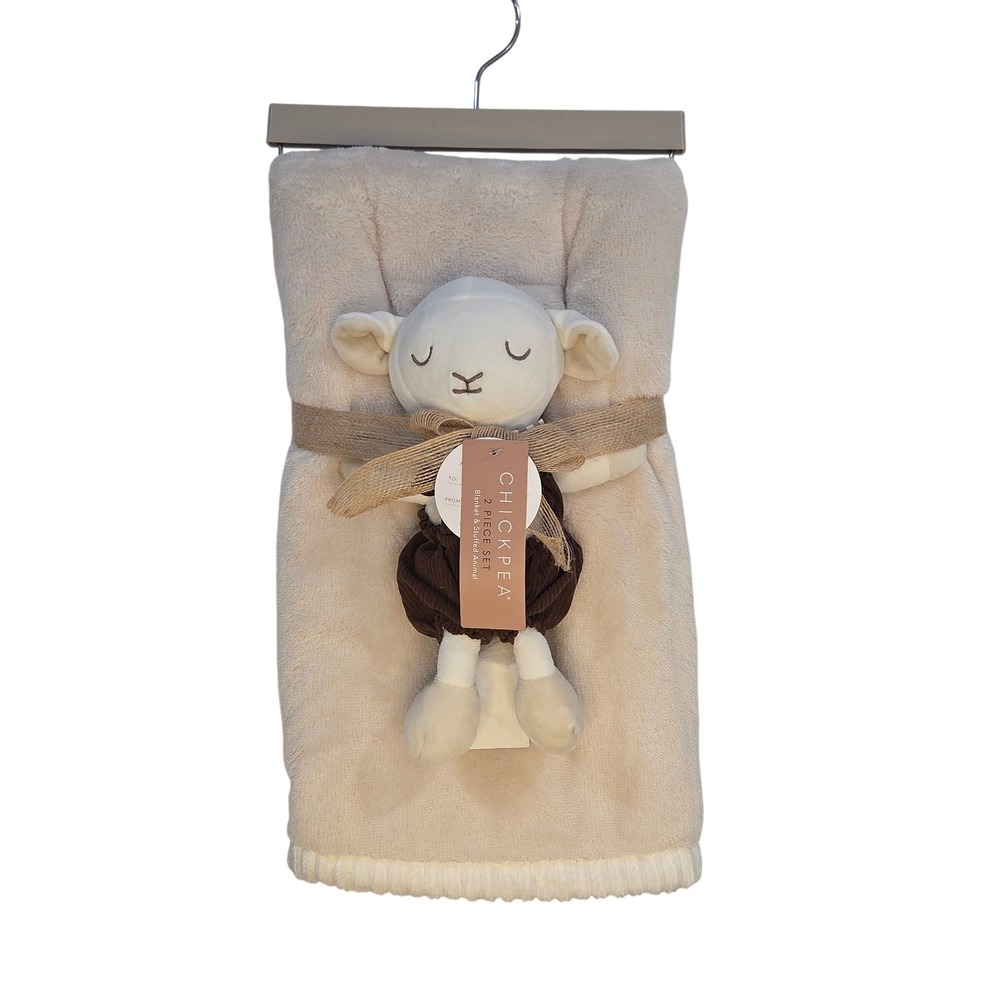 CHICKPEA Kids Baby Cream Blanket & Stuffed Animal Set 30x36 Plush Lamb Nursery